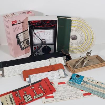 LOT 83X: Vintage Engineering Supplies; German Lietz Compass, Slide Rules, Multitester, and More