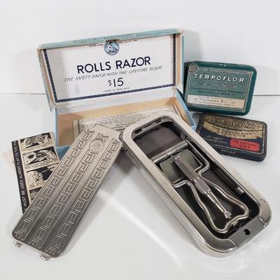 LOT 88X: Vintage Rolls Razor, EX Lax and Terpoflor Tins