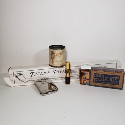 LOT 91X: Vintage Smoker Collection; Nimrod Pipelighter, Chesterfield, Ohio Blue Tip Matches, and More