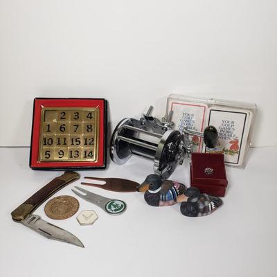 LOT 97X: Penn Surfmaster, Gold Number Game, Pocket Knife, Hand Painted Ducks, and More