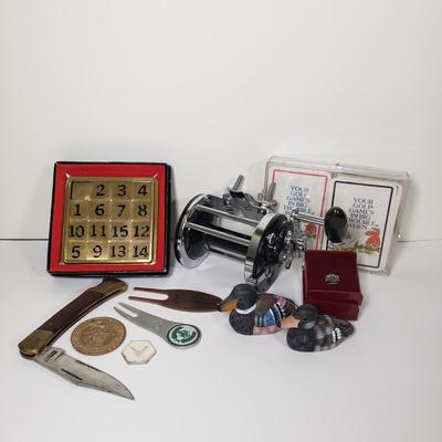 LOT 97X: Penn Surfmaster, Gold Number Game, Pocket Knife, Hand Painted Ducks, and More