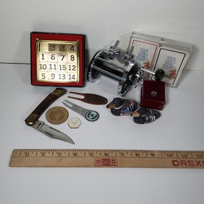 LOT 97X: Penn Surfmaster, Gold Number Game, Pocket Knife, Hand Painted Ducks, and More