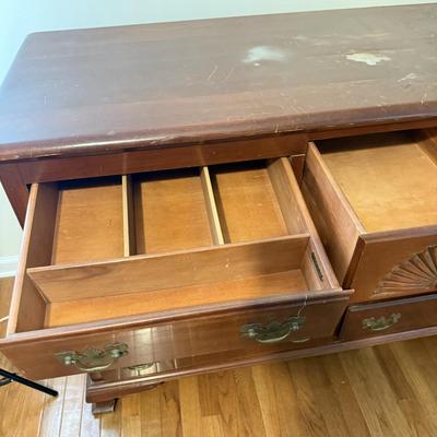 LOT 107D: Vintage 1960s Lacquer & Preservative 405 Cherry Chippendale Double Dresser