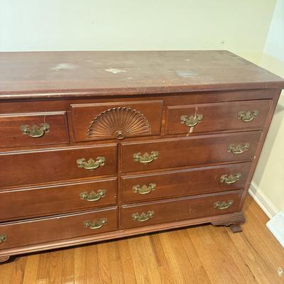 LOT 107D: Vintage 1960s Lacquer & Preservative 405 Cherry Chippendale Double Dresser