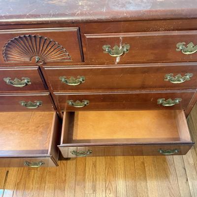 LOT 107D: Vintage 1960s Lacquer & Preservative 405 Cherry Chippendale Double Dresser
