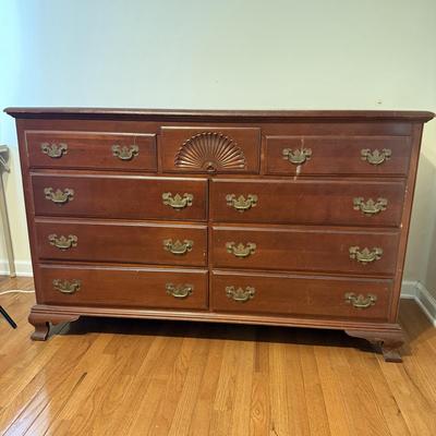 LOT 107D: Vintage 1960s Lacquer & Preservative 405 Cherry Chippendale Double Dresser