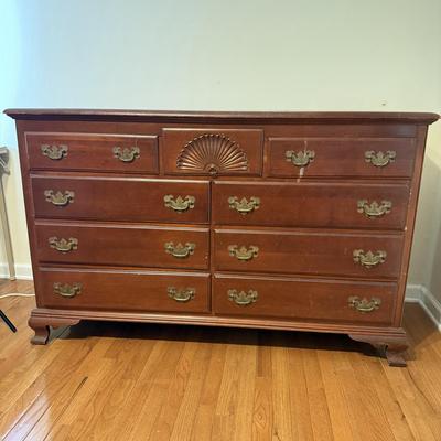 LOT 107D: Vintage 1960s Lacquer & Preservative 405 Cherry Chippendale Double Dresser
