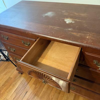 LOT 107D: Vintage 1960s Lacquer & Preservative 405 Cherry Chippendale Double Dresser