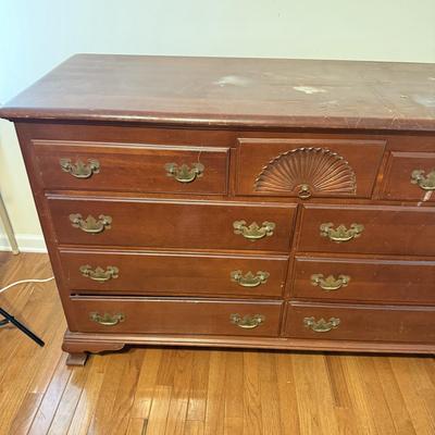 LOT 107D: Vintage 1960s Lacquer & Preservative 405 Cherry Chippendale Double Dresser