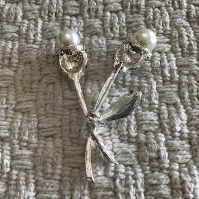 Charter Club Silver tone crystal imitation pearl tulip pin brooch