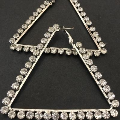 Vintage Silvertone, rhinestone triangle statement earrings