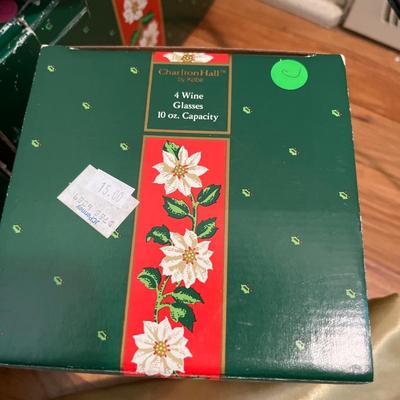 Sale Photo Thumbnail #112: Two sets of Charlton Hall Christmas Dishes. And Wine Glasses.
