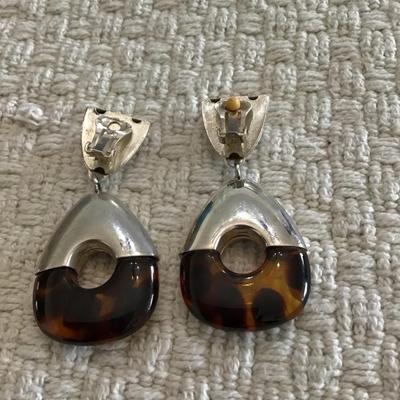 Silver tone faux tortoise earrings door knocker style