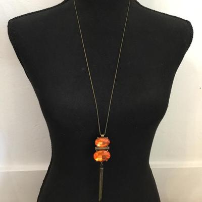 Bronze toned , orange, crystal rhinestone, tassel statement, necklace