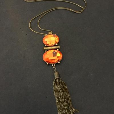 Bronze toned , orange, crystal rhinestone, tassel statement, necklace
