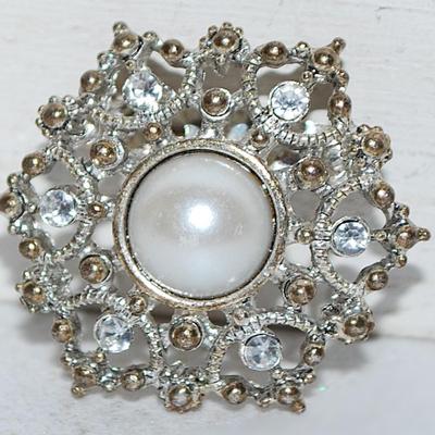 White Faux Pearl BUTTON/BROOCH COMBO (1⅛" Diam.) and Clear Stones Surround on a Silver Tone Setting