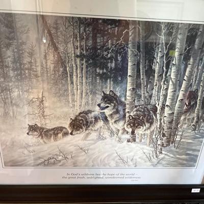 Sale Photo Thumbnail #167: Scenery Picture 36”29”1/2 half
Wolf picture 23”1/4x19 1/4
Lamp Metal, Decor.