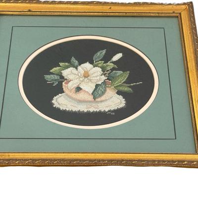 Framed Cross-Stitch Floral Still Life