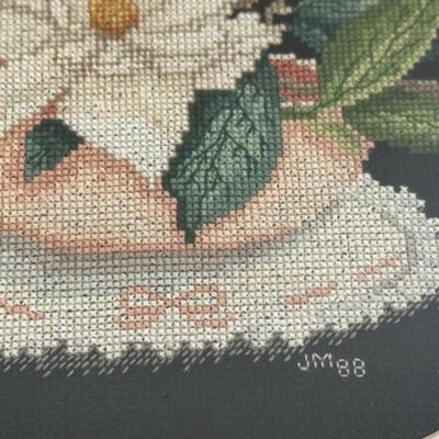 Framed Cross-Stitch Floral Still Life