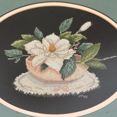 Framed Cross-Stitch Floral Still Life