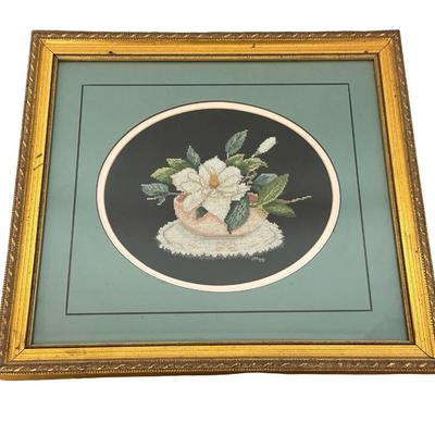 Framed Cross-Stitch Floral Still Life