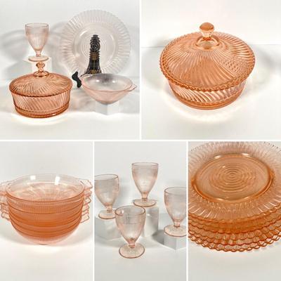 LOT 60: Collection of Pink Glass - Plates, Bowls, Lidded Candy Dish and Goblets