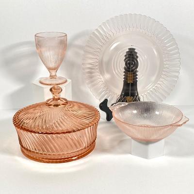 LOT 60: Collection of Pink Glass - Plates, Bowls, Lidded Candy Dish and Goblets