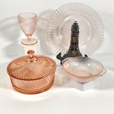 LOT 60: Collection of Pink Glass - Plates, Bowls, Lidded Candy Dish and Goblets
