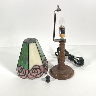 LOT 64: Small Stained Glass Tiffany Style Table Lamp and Wooden Side Accent Table