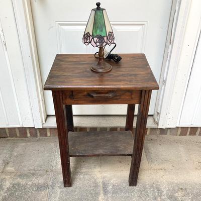 LOT 64: Small Stained Glass Tiffany Style Table Lamp and Wooden Side Accent Table