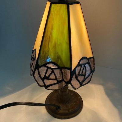 LOT 64: Small Stained Glass Tiffany Style Table Lamp and Wooden Side Accent Table