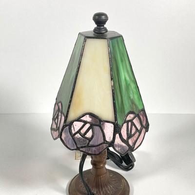 LOT 64: Small Stained Glass Tiffany Style Table Lamp and Wooden Side Accent Table