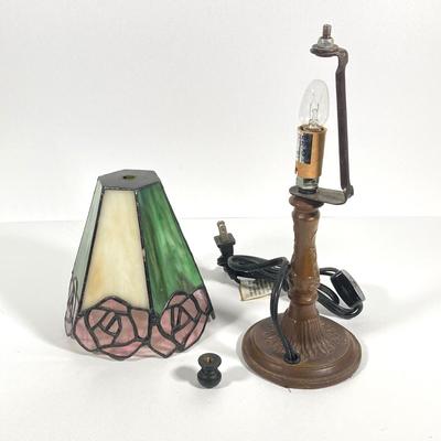 LOT 64: Small Stained Glass Tiffany Style Table Lamp and Wooden Side Accent Table