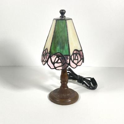 LOT 64: Small Stained Glass Tiffany Style Table Lamp and Wooden Side Accent Table