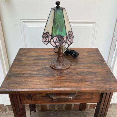 LOT 64: Small Stained Glass Tiffany Style Table Lamp and Wooden Side Accent Table