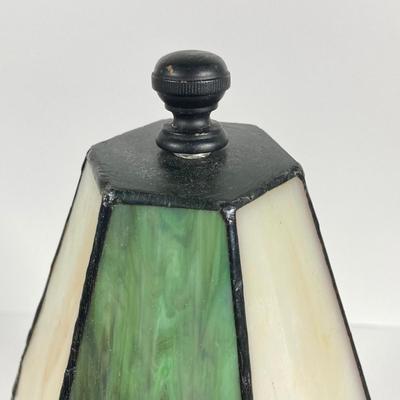 LOT 64: Small Stained Glass Tiffany Style Table Lamp and Wooden Side Accent Table