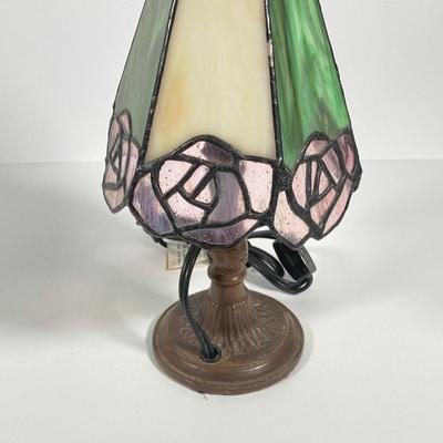 LOT 64: Small Stained Glass Tiffany Style Table Lamp and Wooden Side Accent Table