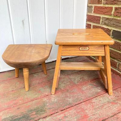 LOT 66: Vintage Wooden Stools and Step Ladder - Putnam Rolling Ladder Co. Inc. Included