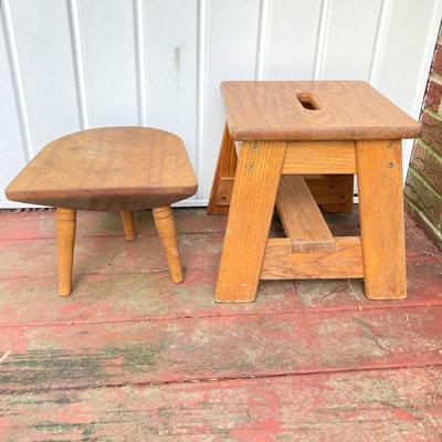 LOT 66: Vintage Wooden Stools and Step Ladder - Putnam Rolling Ladder Co. Inc. Included