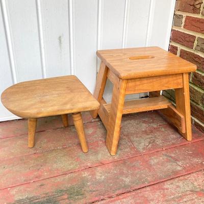 LOT 66: Vintage Wooden Stools and Step Ladder - Putnam Rolling Ladder Co. Inc. Included