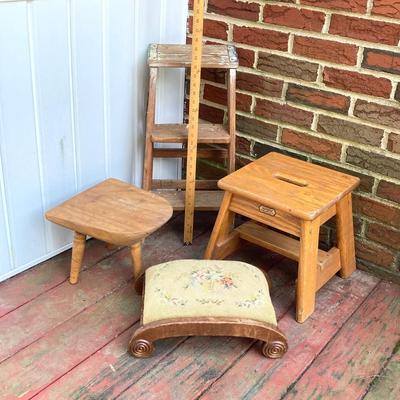 LOT 66: Vintage Wooden Stools and Step Ladder - Putnam Rolling Ladder Co. Inc. Included