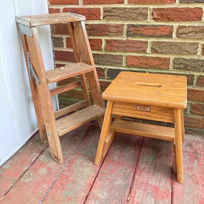 LOT 66: Vintage Wooden Stools and Step Ladder - Putnam Rolling Ladder Co. Inc. Included
