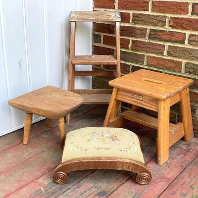 LOT 66: Vintage Wooden Stools and Step Ladder - Putnam Rolling Ladder Co. Inc. Included