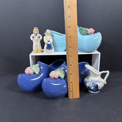 LOT 104: McCoy Dutch Shoe Planters, Delft Blue Pitcher, Ceramic Art Studio Wee Dutch Boy & Girl Salt/Pepper Shakers