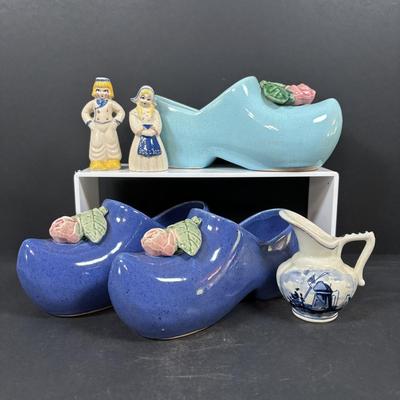 LOT 104: McCoy Dutch Shoe Planters, Delft Blue Pitcher, Ceramic Art Studio Wee Dutch Boy & Girl Salt/Pepper Shakers