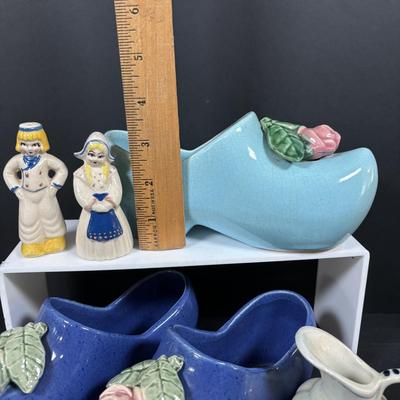LOT 104: McCoy Dutch Shoe Planters, Delft Blue Pitcher, Ceramic Art Studio Wee Dutch Boy & Girl Salt/Pepper Shakers