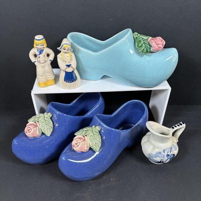 LOT 104: McCoy Dutch Shoe Planters, Delft Blue Pitcher, Ceramic Art Studio Wee Dutch Boy & Girl Salt/Pepper Shakers