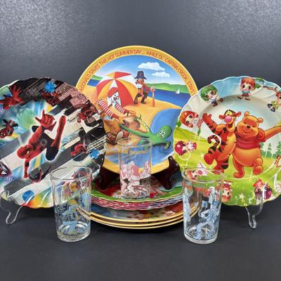 LOT 115: Children's Plates: Spiderman, Winnie the Pooh, Strawberry Shortcake along with Welch's Jelly Archie Drinking Glasses