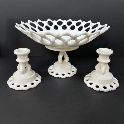 LOT 125: Westmorland Milk Glass Lace Pedestal Fruit Bowl w/Matching Candle Sticks