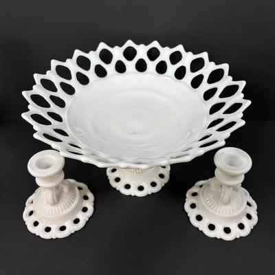 LOT 125: Westmorland Milk Glass Lace Pedestal Fruit Bowl w/Matching Candle Sticks